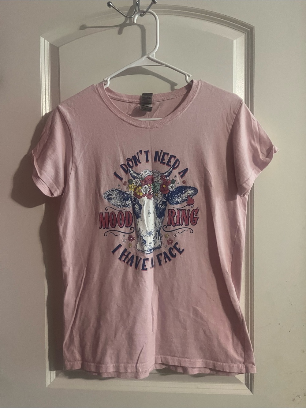 Gildan Light Pink Cow Graphic Tee with Navy & Red Print